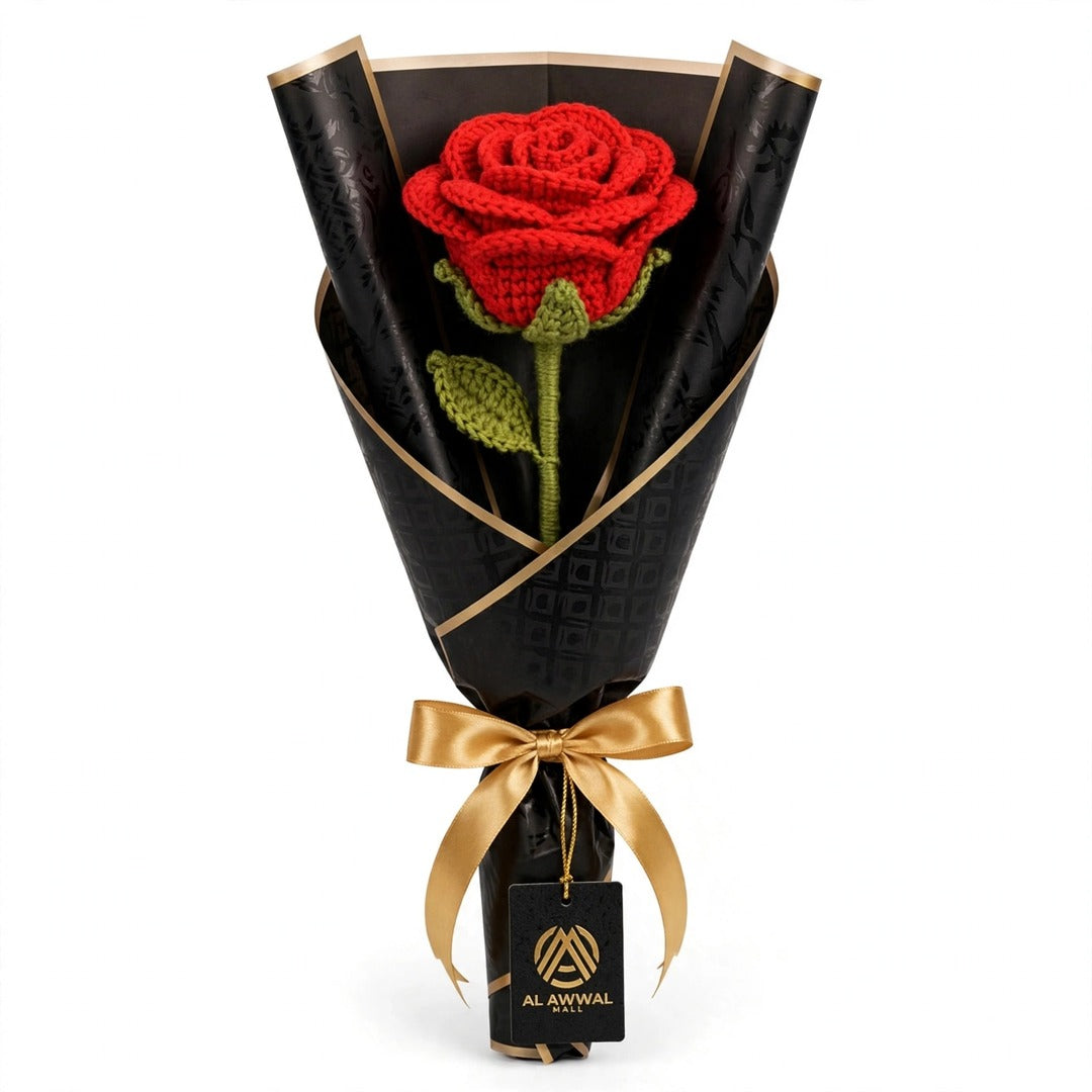 Single Red Rose with Black Wrapping & Golden Ribbon Bow