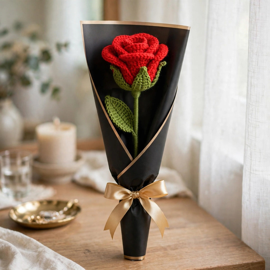 Single Red Rose with Black Wrapping & Golden Ribbon Bow