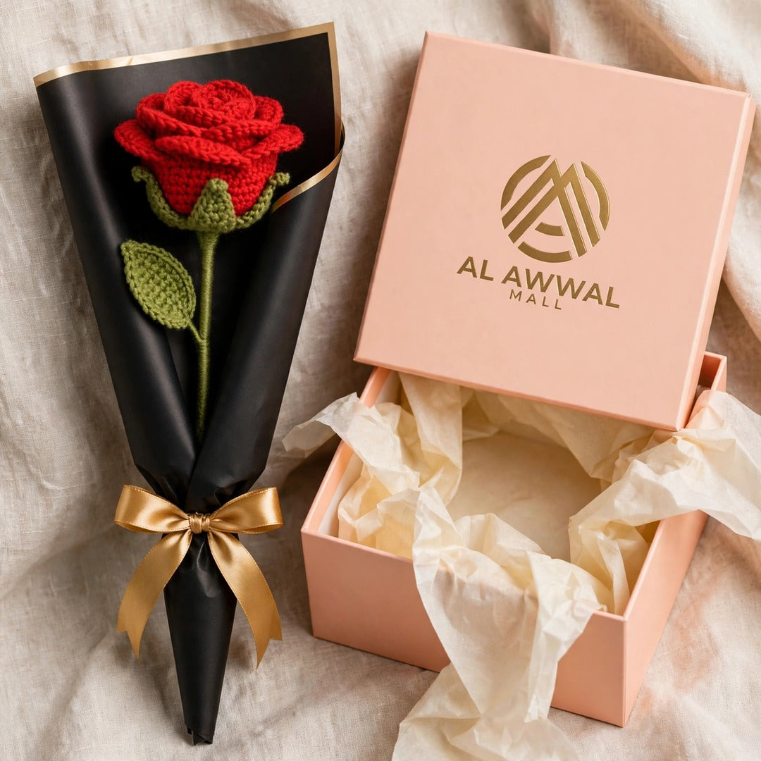 Single Red Rose with Black Wrapping & Golden Ribbon Bow