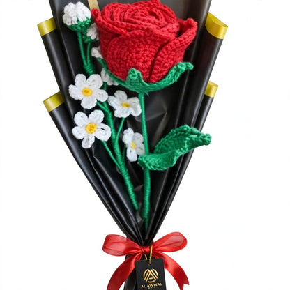 Red Rose & White Daisies with Black Wrapping and Red Ribbon Bow