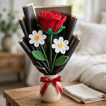 Red Rose & White Daisies with Black Wrapping and Red Ribbon Bow