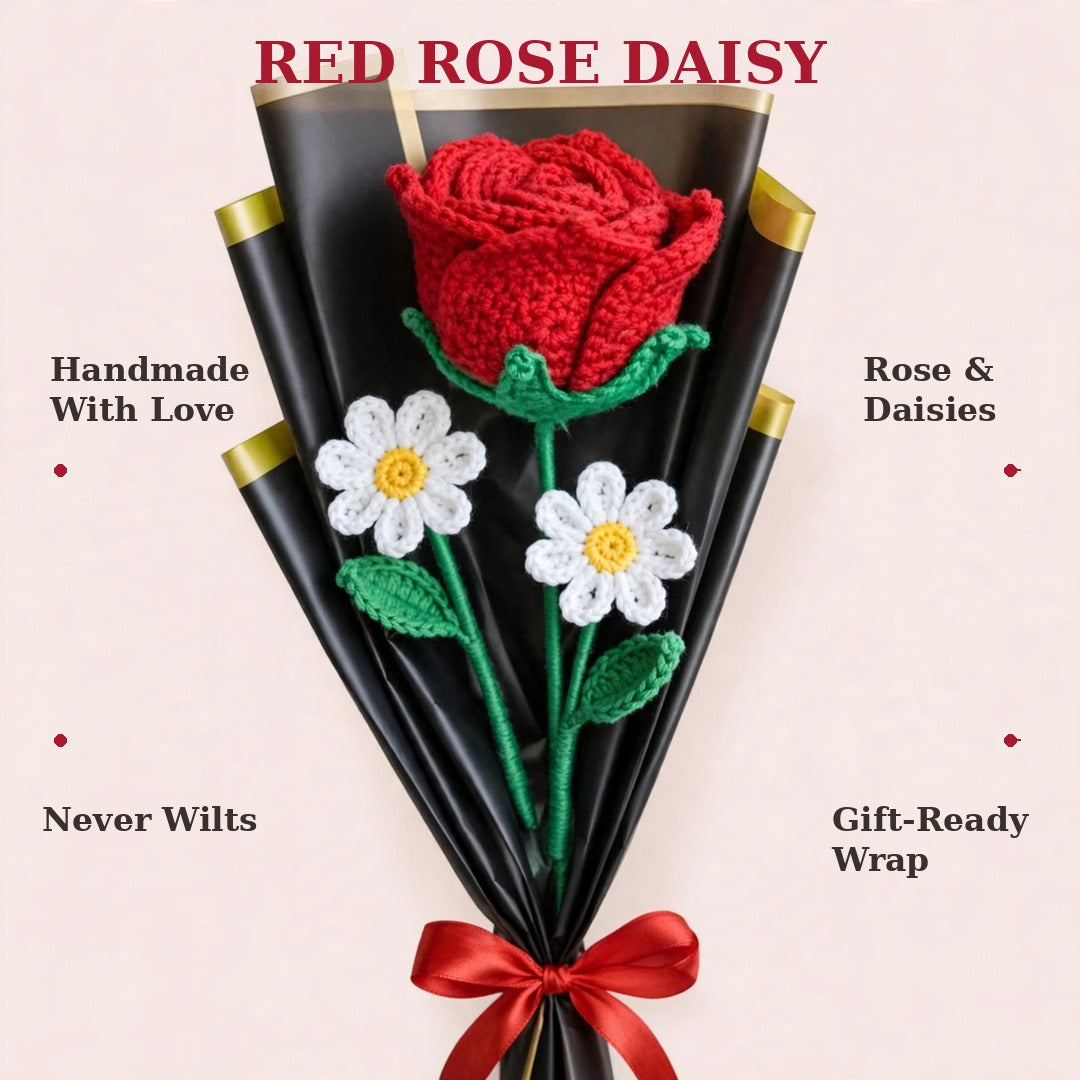 Red Rose & White Daisies with Black Wrapping and Red Ribbon Bow