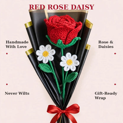 Red Rose & White Daisies with Black Wrapping and Red Ribbon Bow