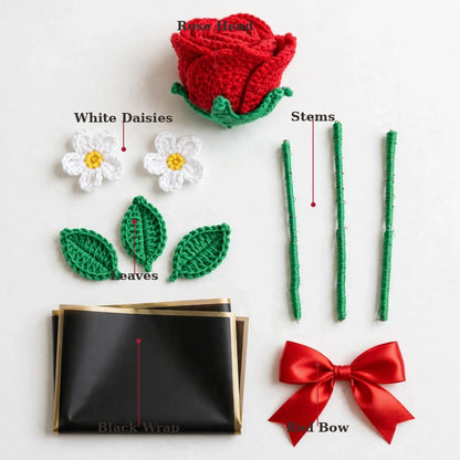 Red Rose & White Daisies with Black Wrapping and Red Ribbon Bow