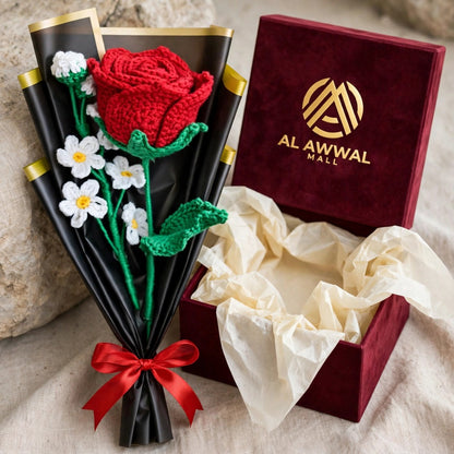 Red Rose & White Daisies with Black Wrapping and Red Ribbon Bow