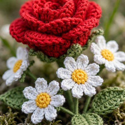 Red Rose & White Daisies with Black Wrapping and Red Ribbon Bow