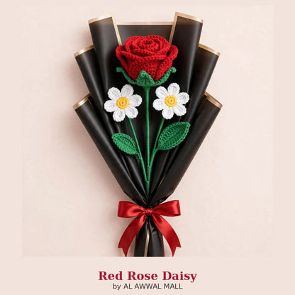 Red Rose & White Daisies with Black Wrapping and Red Ribbon Bow
