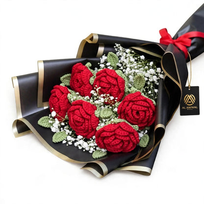Red Rose Bouquet with Baby’s Breath, Green Leaves & Red Ribbon Bow