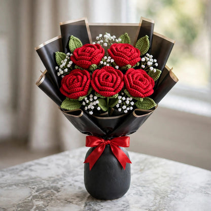 Red Rose Bouquet with Baby’s Breath, Green Leaves & Red Ribbon Bow