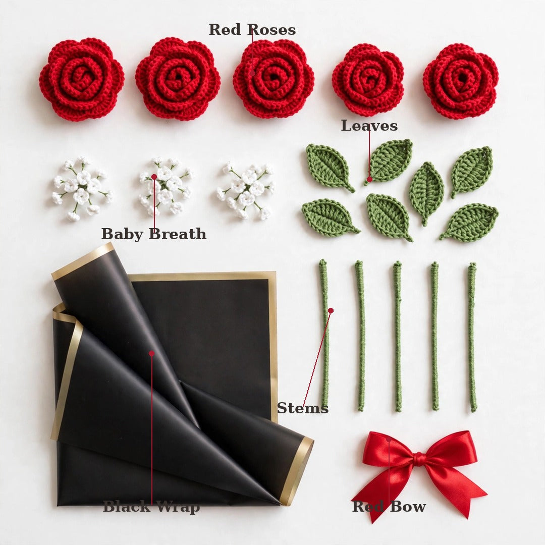 Red Rose Bouquet with Baby’s Breath, Green Leaves & Red Ribbon Bow