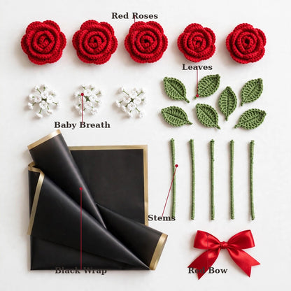 Red Rose Bouquet with Baby’s Breath, Green Leaves & Red Ribbon Bow
