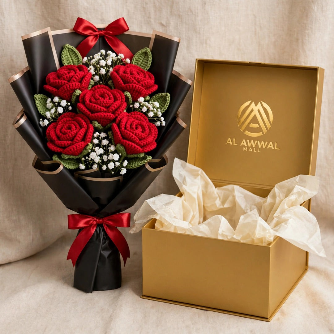 Red Rose Bouquet with Baby’s Breath, Green Leaves & Red Ribbon Bow