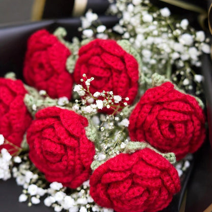 Red Rose Bouquet with Baby’s Breath, Green Leaves & Red Ribbon Bow