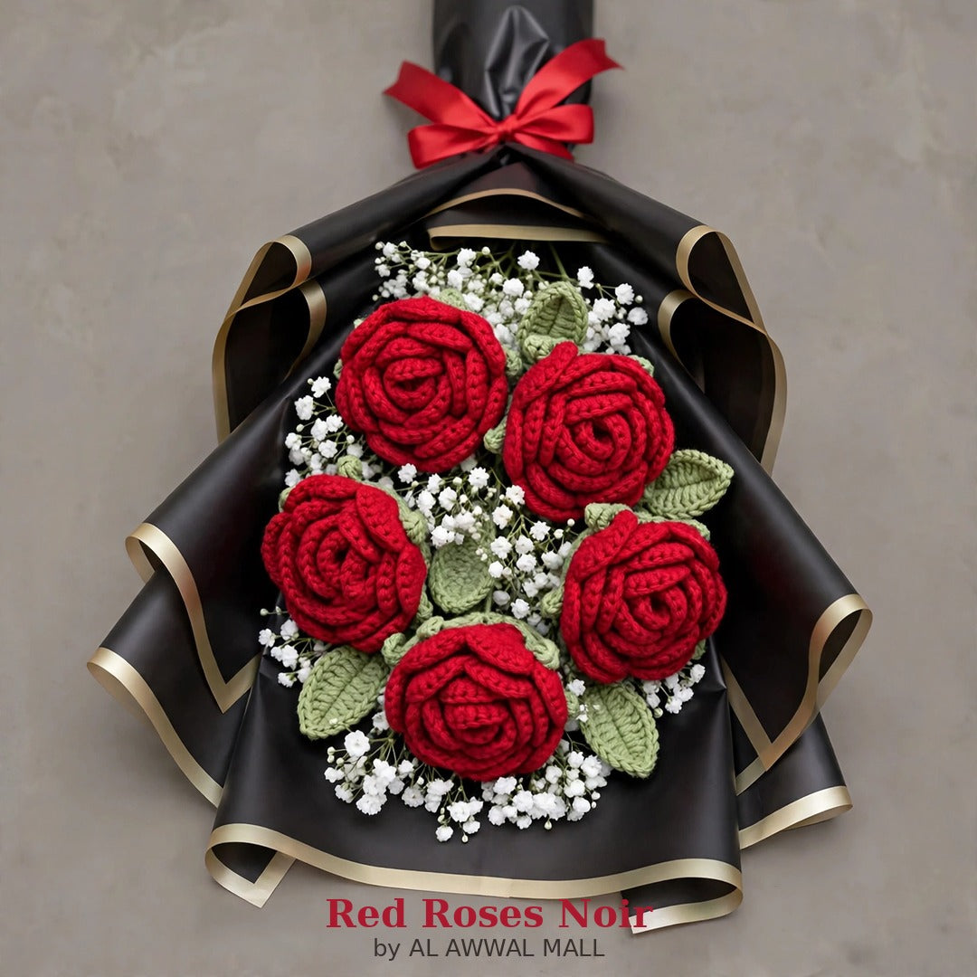 Red Rose Bouquet with Baby’s Breath, Green Leaves & Red Ribbon Bow