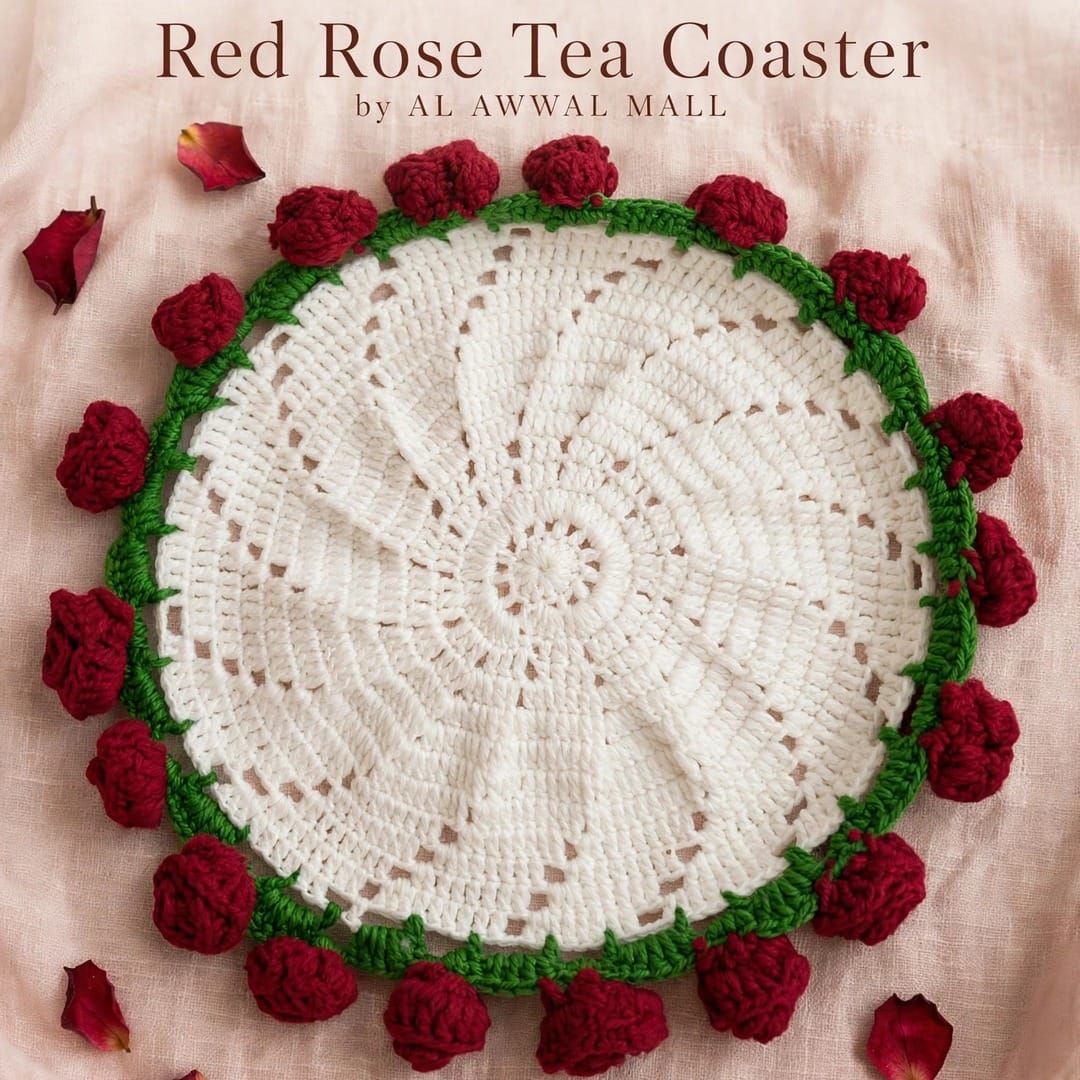 Handmade Crochet Cup Coasters with White Center, Green Border and Burgundy Rose Buds