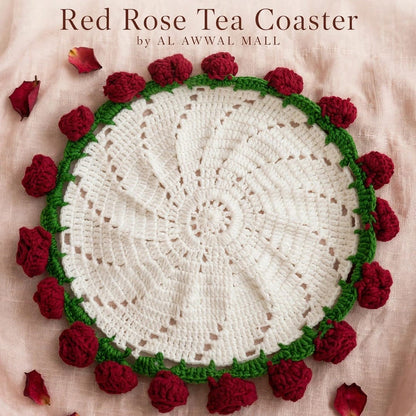 Handmade Crochet Cup Coasters with White Center, Green Border and Burgundy Rose Buds