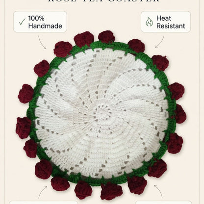 Handmade Crochet Cup Coasters with White Center, Green Border and Burgundy Rose Buds
