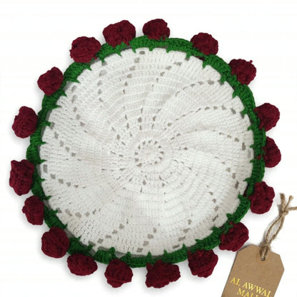 Handmade Crochet Cup Coasters with White Center, Green Border and Burgundy Rose Buds