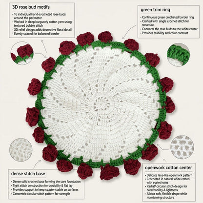 Handmade Crochet Cup Coasters with White Center, Green Border and Burgundy Rose Buds