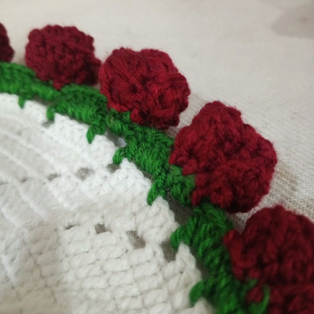 Handmade Crochet Cup Coasters with White Center, Green Border and Burgundy Rose Buds