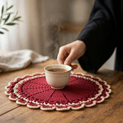 Handmade Maroon Crochet Cup Coaster with Double White Lace Borders