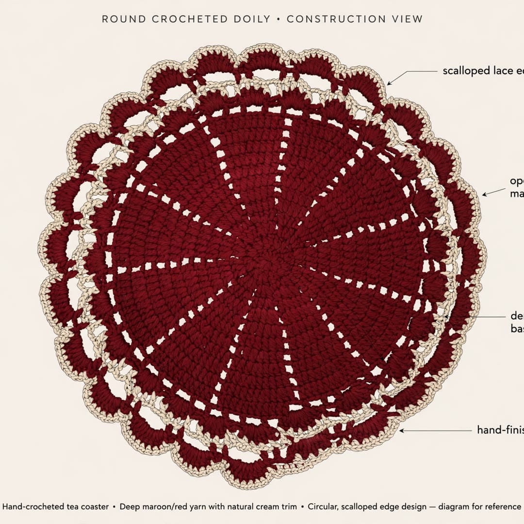 Handmade Maroon Crochet Cup Coaster with Double White Lace Borders