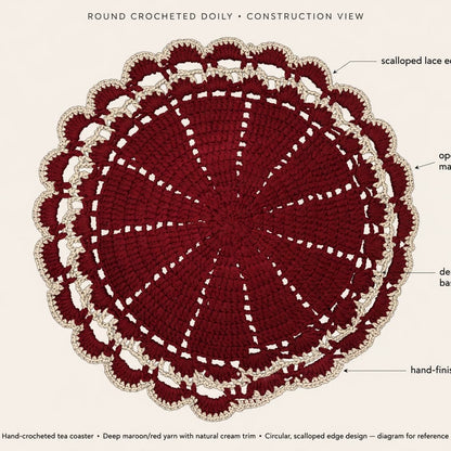 Handmade Maroon Crochet Cup Coaster with Double White Lace Borders