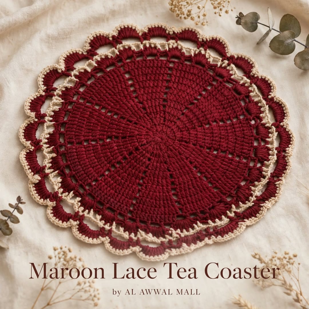 Handmade Maroon Crochet Cup Coaster with Double White Lace Borders