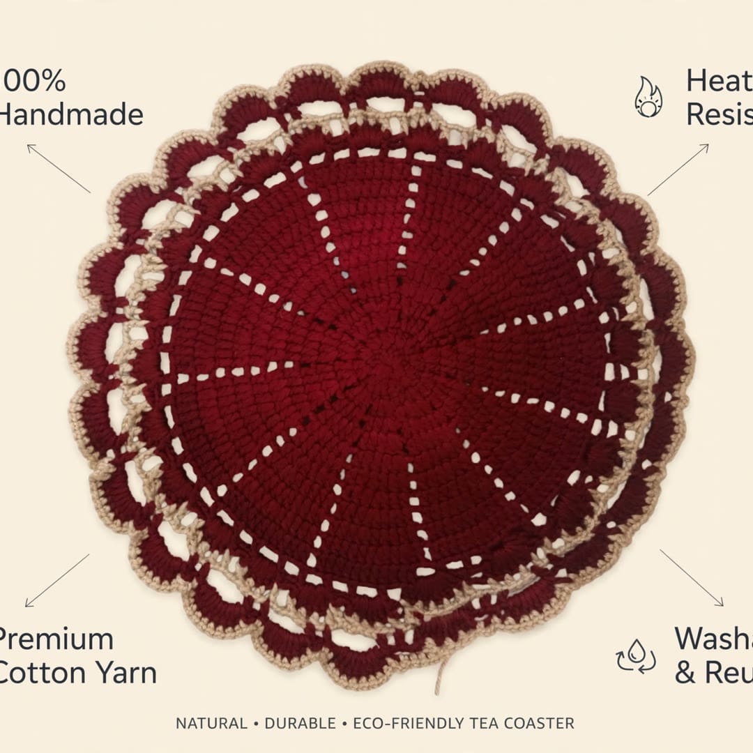 Handmade Maroon Crochet Cup Coaster with Double White Lace Borders