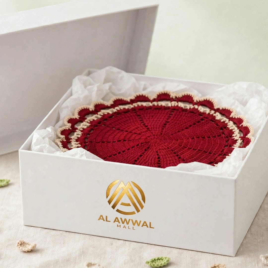 Handmade Maroon Crochet Cup Coaster with Double White Lace Borders