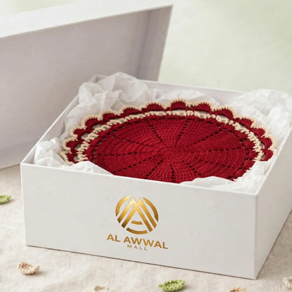 Handmade Maroon Crochet Cup Coaster with Double White Lace Borders