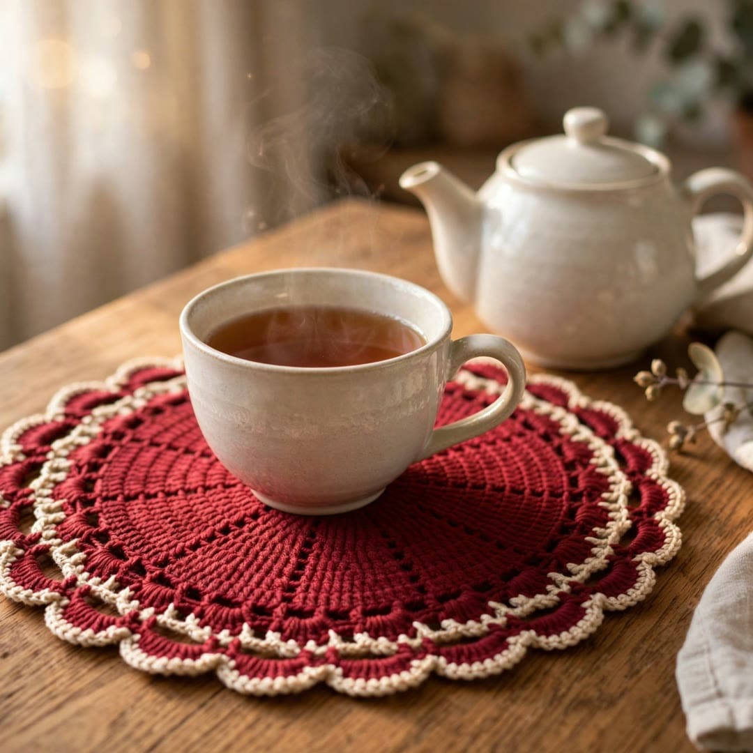 Handmade Maroon Crochet Cup Coaster with Double White Lace Borders