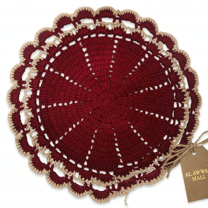 Handmade Maroon Crochet Cup Coaster with Double White Lace Borders