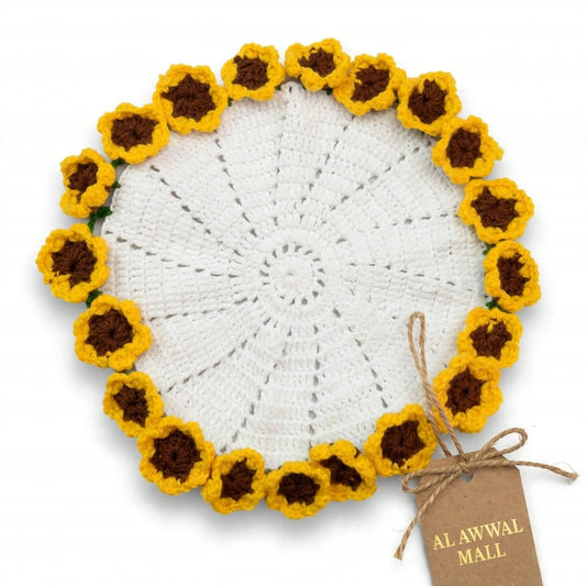 Handmade Crochet Cup Coaster with White Center and Yellow-Brown Sunflower Border
