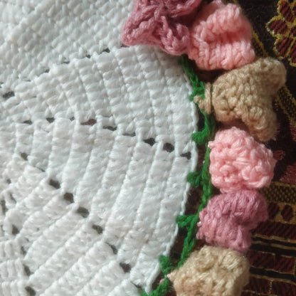 Handmade Crochet Cup Coaster with Pink Floral Border and Bright Center