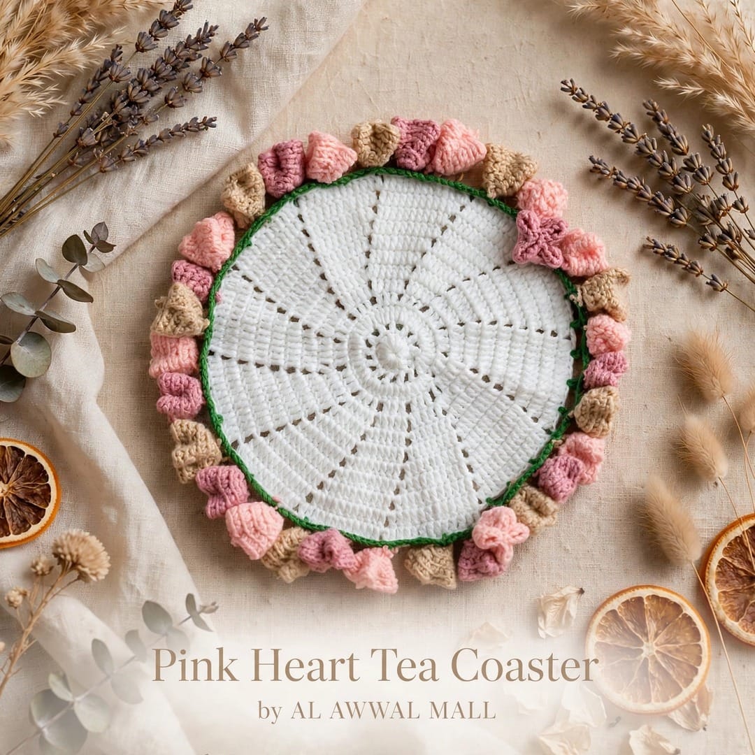 Handmade Crochet Cup Coaster with Pink Floral Border and Bright Center