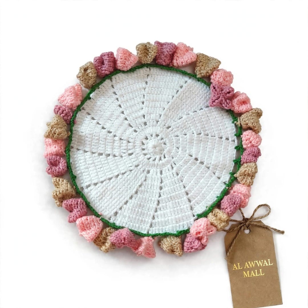 Handmade Crochet Cup Coaster with Pink Floral Border and Bright Center