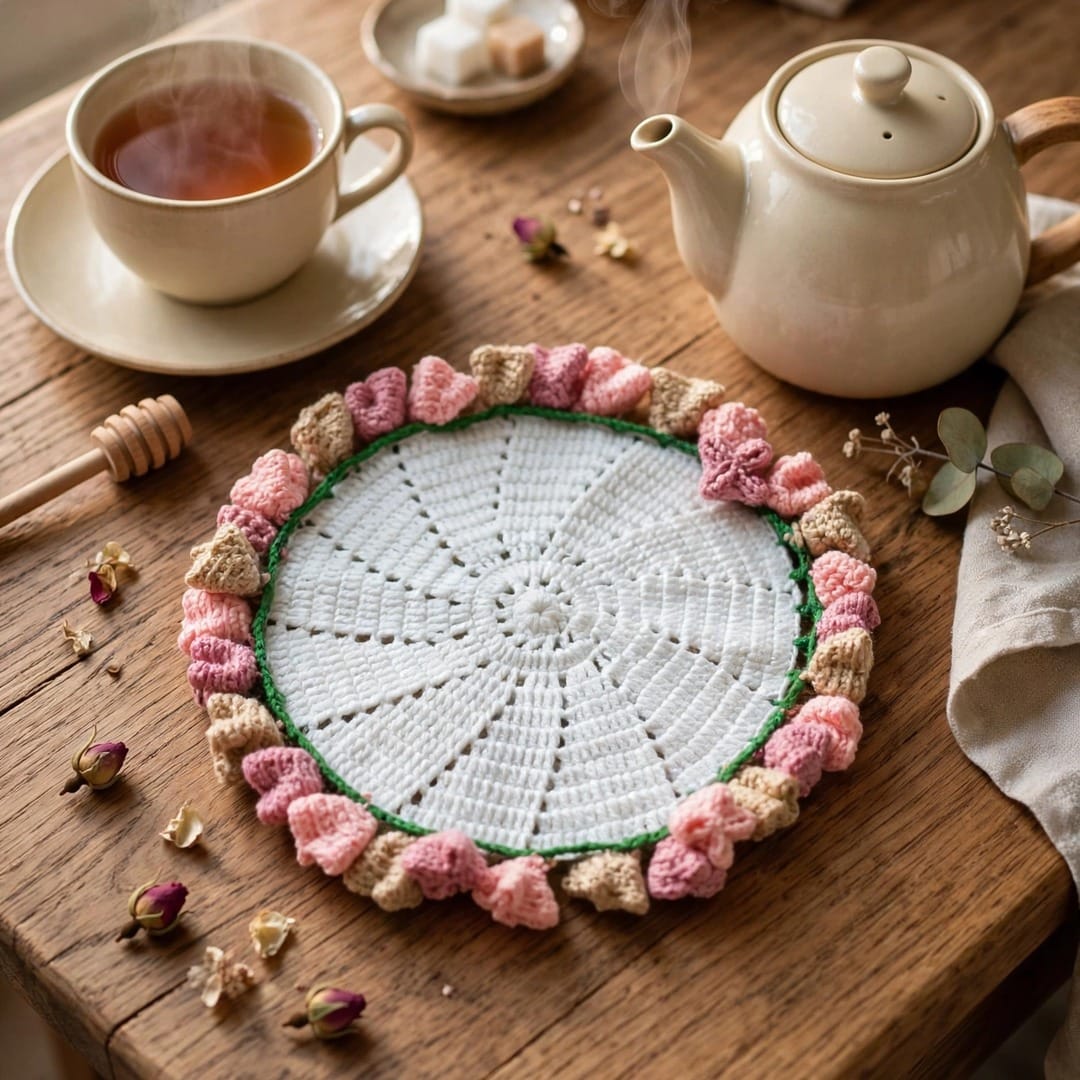 Handmade Crochet Cup Coaster with Pink Floral Border and Bright Center