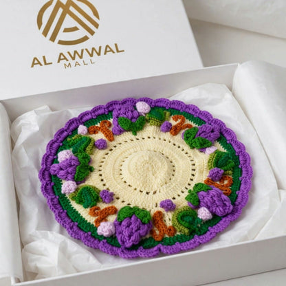 Handmade Crochet Cup Coaster with Purple Berry Border and Green Leaves