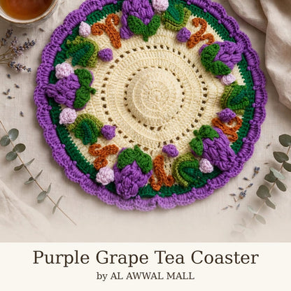 Handmade Crochet Cup Coaster with Purple Berry Border and Green Leaves