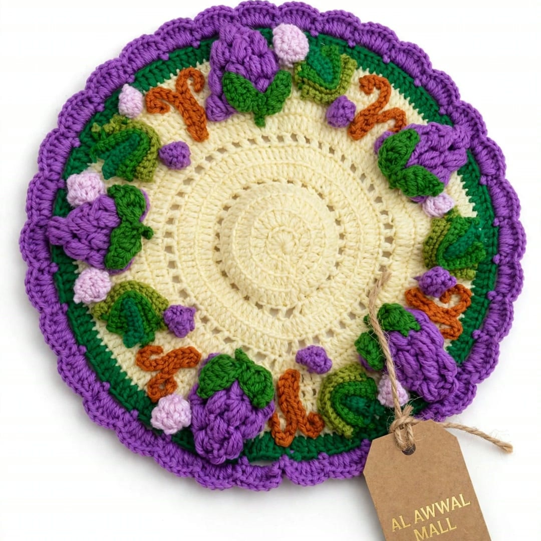 Handmade Crochet Cup Coaster with Purple Berry Border and Green Leaves