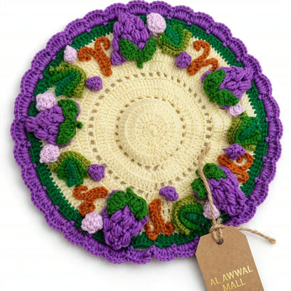 Handmade Crochet Cup Coaster with Purple Berry Border and Green Leaves
