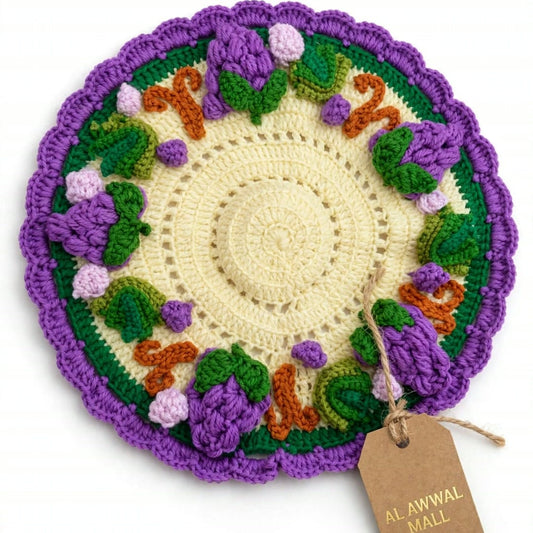 Handmade Crochet Cup Coaster with Purple Berry Border and Green Leaves