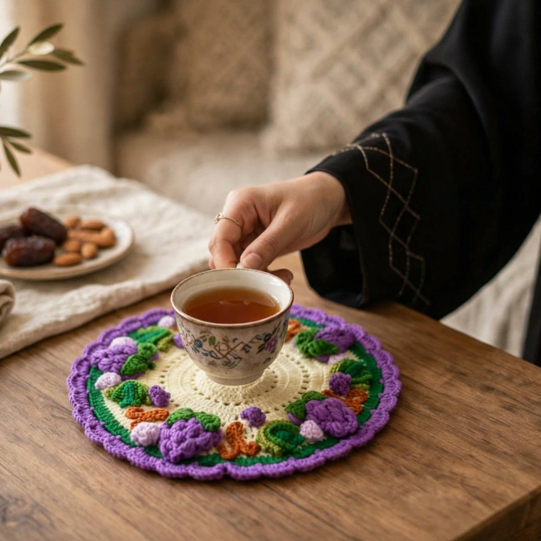 Handmade Crochet Cup Coaster with Purple Berry Border and Green Leaves