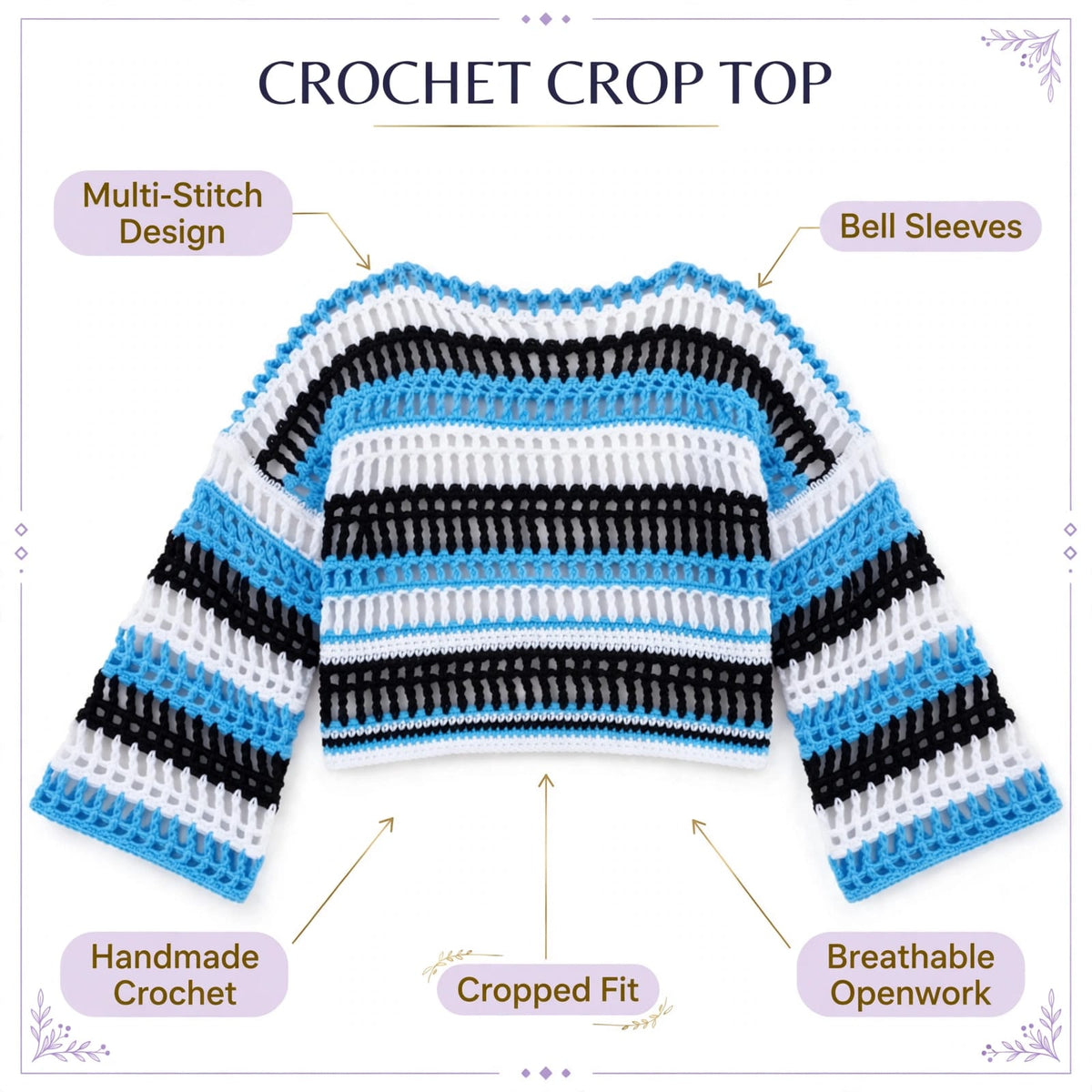 Handmade Crochet High-Low Crop Top with Bell Sleeves in Blue, Black and White