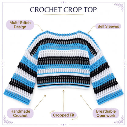 Handmade Crochet High-Low Crop Top with Bell Sleeves in Blue, Black and White
