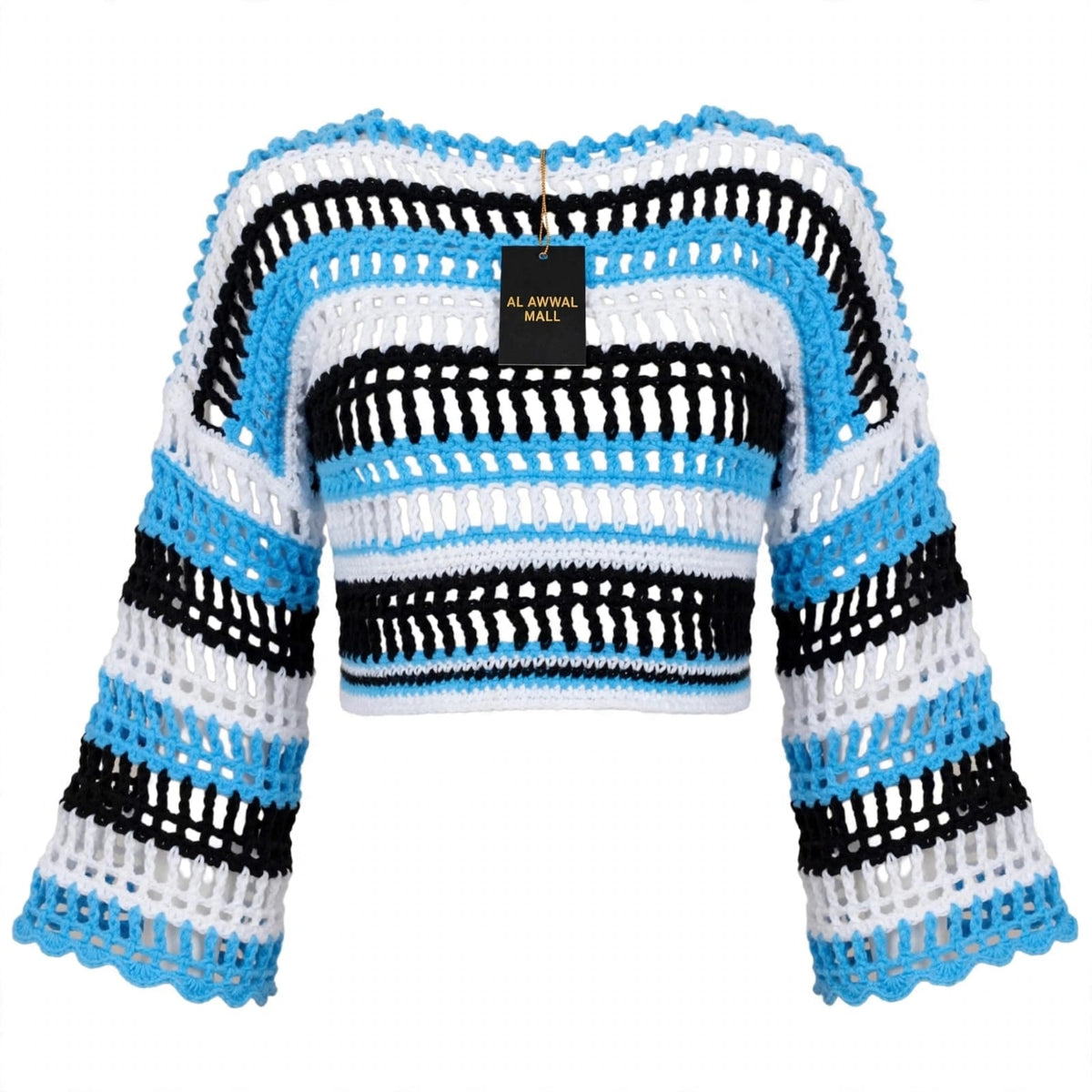 Handmade Crochet High-Low Crop Top with Bell Sleeves in Blue, Black and White