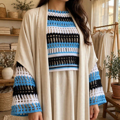 Handmade Crochet High-Low Crop Top with Bell Sleeves in Blue, Black and White