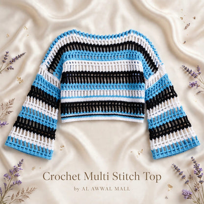 Handmade Crochet High-Low Crop Top with Bell Sleeves in Blue, Black and White
