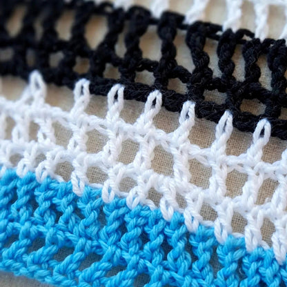 Handmade Crochet High-Low Crop Top with Bell Sleeves in Blue, Black and White